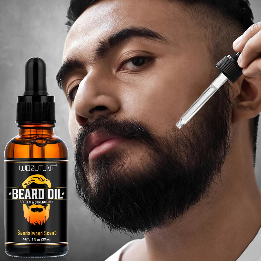 Huile de conditionnement pour barbe de karité naturelle, adoucit, renforce la barbe, parfum de bois de santal, 30ml et rouleau doucement pour hommes, Massage des poils du visage